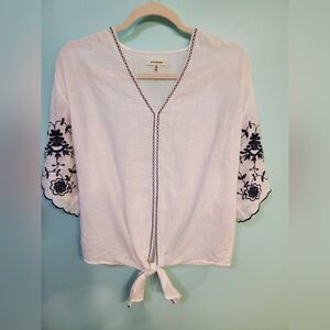 Max Studio Women White Blouse Shirt Top Short Sleeve Embroidered Front Tie Boho